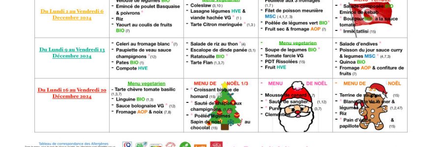 Menu du restaurant scolaire pour le mois de décembre 2024