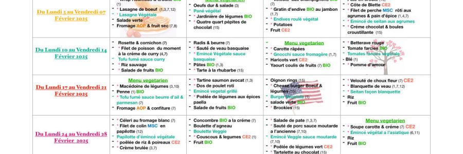 Menu du restaurant scolaire de Peipin : février 2025