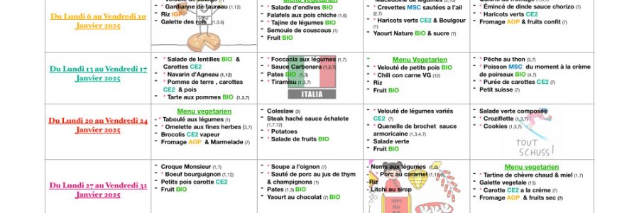 Menu du restaurant scolaire pour le mois de janvier 2025