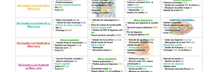 Menu du restaurant scolaire de Peipin : mars 2025