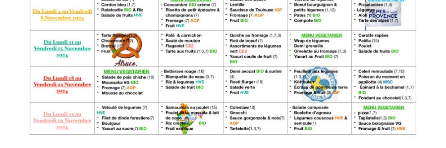 Menu du restaurant scolaire pour le mois de novembre 2024