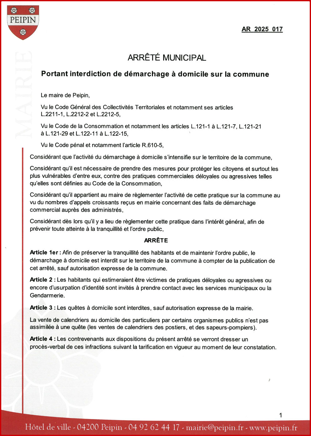 Arrêté municipal N°17 /fev 2025 portant interdiction de démarchage à domicile sur la commune