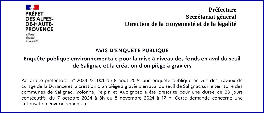 Visuel avis d'enquête publique : curage de la Durance et création d'un piège à graviers